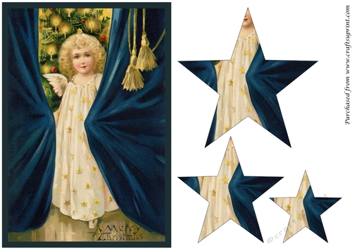 Vintage Christmas Angel behind Curtains Star Pyramid