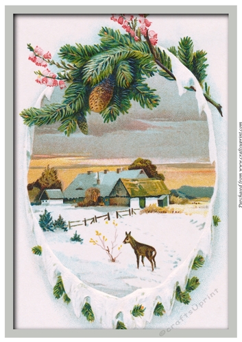 Vintage Christmas Scene with Reindeer A4