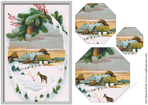 Vintage Christmas Scene with Reindeer Octagon Pyramid