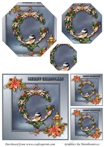Christmas Bird on Wreath Octagon Pyramid
