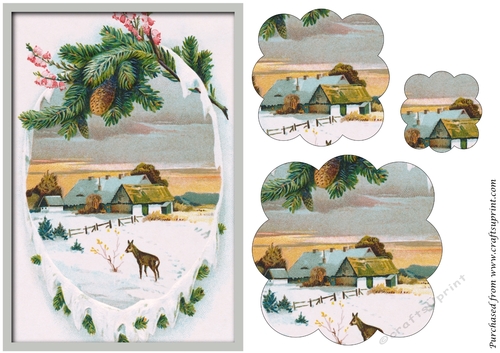 Vintage Christmas Scene with Reindeer Scalloped Pyramid