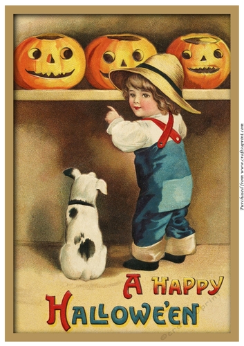Vintage Halloween Boy and Dog A4