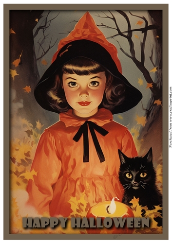 Vintage Halloween Witch Girl and Cat A4