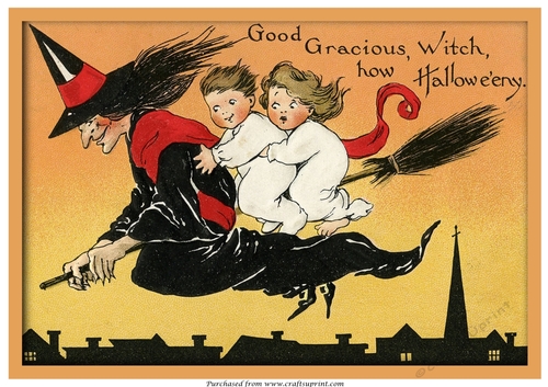 Vintage Halloween Witch and Children A4