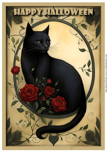 Halloween Cat and Flowers A4