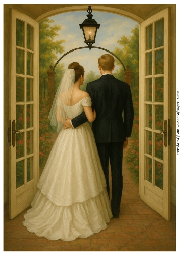 Wedding Couple Entering Garden Of Love A4
