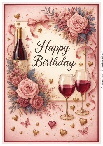Birthday Wishes With Wine And Roses A4
