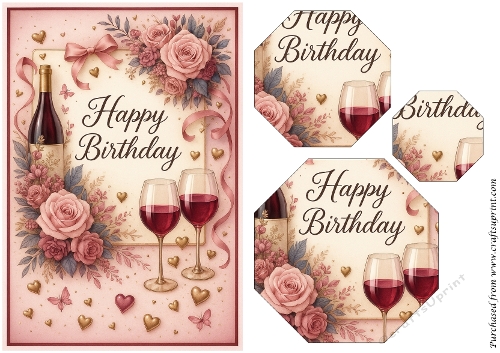 Birthday Wishes With Wine And Roses Octagon Pyramid