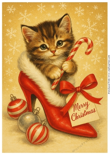 Christmas Kitten in Red High Heel A4