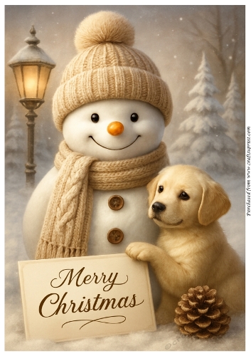 Christmas Snowman and Dog A4
