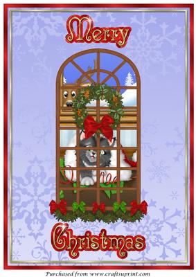 Christmas Window with Cat and Reindeer A4