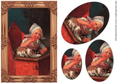 Vintage Girl and Cat Oval Pyramid