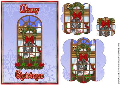 Christmas Window with Cat and Reindeer Scalloped Pyramid