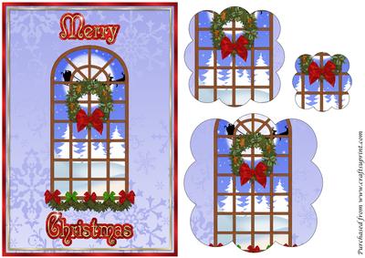 Christmas Window with Santa and Reindeers Scalloped Pyramid