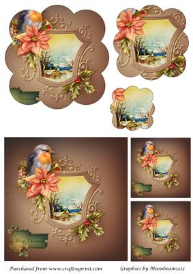 Christmas Robin and Vintage Scene Scalloped Pyramid