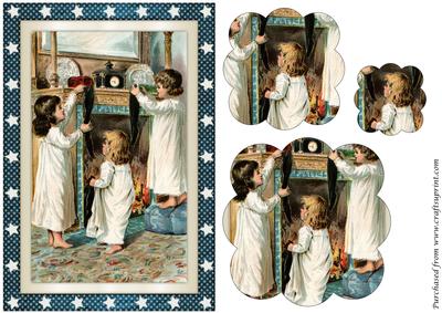 Vintage Children with Christmas Stockings Scalloped Pyramid