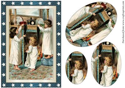 Vintage Children with Christmas Stockings Oval Pyramid