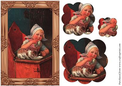 Vintage Girl and Cat Scalloped Pyramid