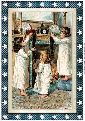 Vintage Children with Christmas Stockings A4