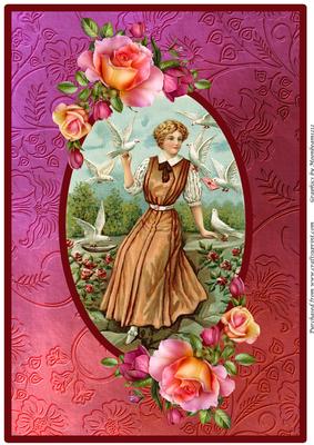 Vintage Lady with Birds A4