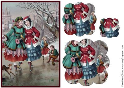 Vintage Ladies Skating Scalloped Pyramage