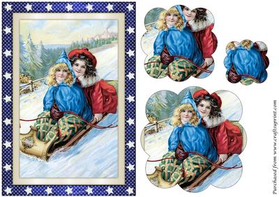 Vintage Christmas Children on Sled Scalloped Pyramid