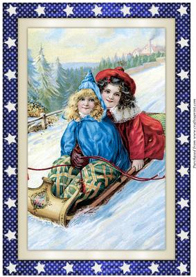 Vintage Christmas Children on Sled A4