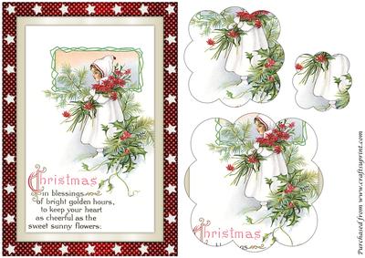 Vintage Christmas Girl with Flowers Scalloped Pyramid