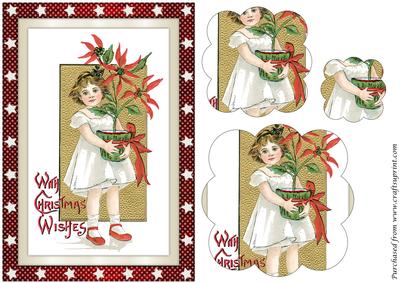 Vintage Christmas Girl with Poinsettias Scalloped Pyramid