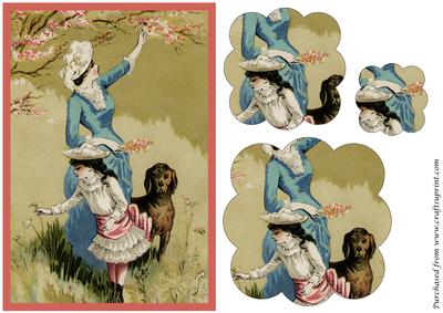 Vintage Lady Picking Flowers Scalloped Pyramid