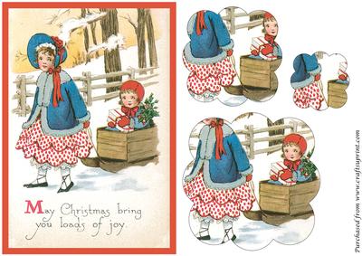 Vintage Christmas Girls Sleighing Scalloped Pyramid