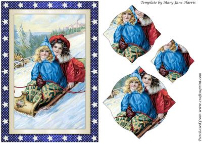 Vintage Christmas Children on Sled Splendid Pyramid