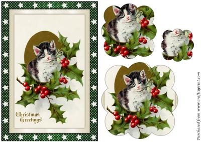 Vintage Christmas Kitten Scalloped Pyramid