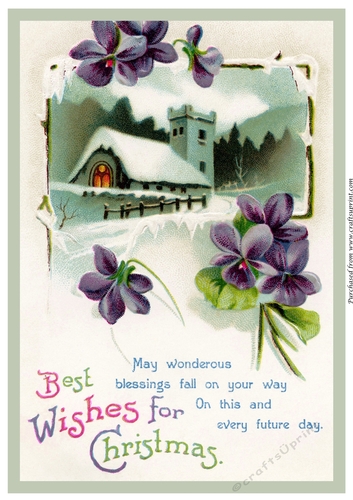 Vintage Christmas Church with Violets A4