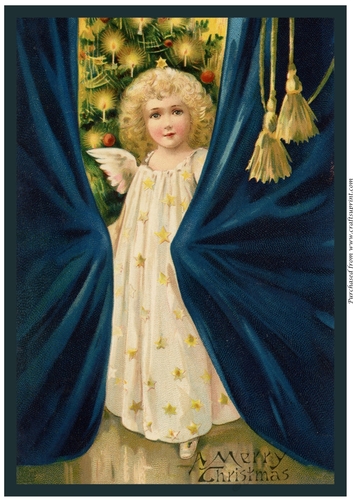 Vintage Christmas Angel behind Curtains A4