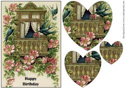 Vintage Birds and Flowers Heart Shaped Pyramid