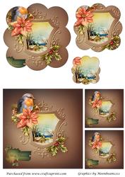 Christmas Robin and Vintage Scene Scalloped Pyramid