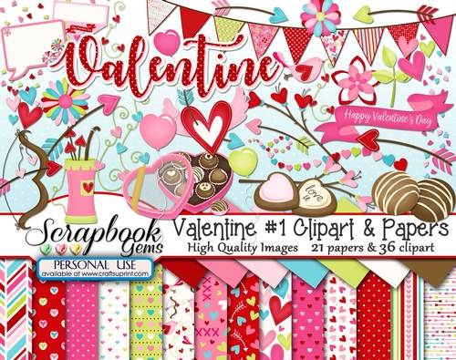 VALENTINE SET 1 CLIPART & PAPERS KIT - 36 Clipart & 21 Papers