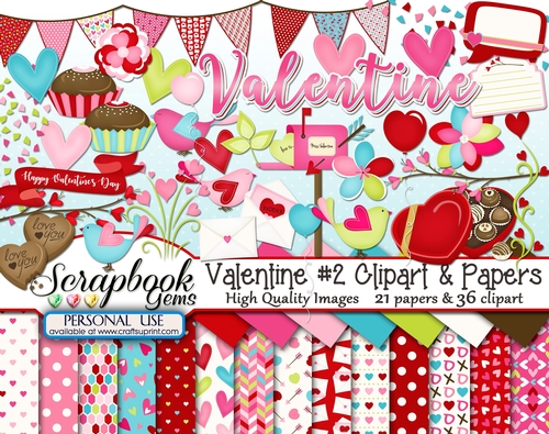 VALENTINE SET 2 CLIPART & PAPERS KIT - 36 Clipart & 21 Papers