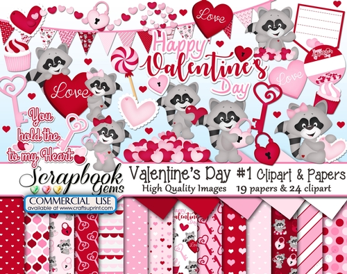 VALENTINES DAY SET 1 CLIPART & PAPERS KIT - 24 Clipart & 19 Papers