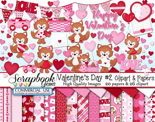 VALENTINES DAY SET 2 CLIPART & PAPERS KIT - 26 Clipart & 20 Papers