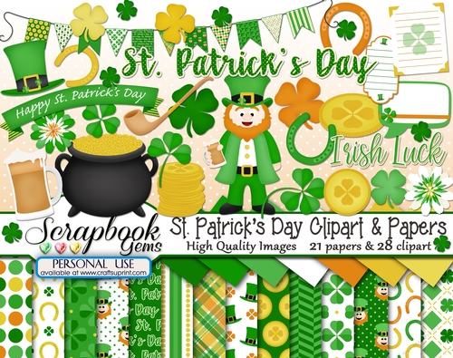 ST. PATRICKS DAY (IRISH) CLIPART & PAPERS KIT - 28 Clipart & 21 Papers