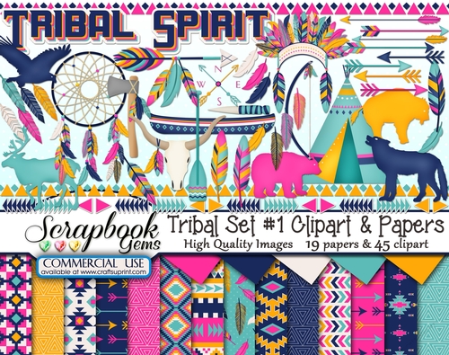 TRIBAL, Set #1 CLIPART & PAPERS KIT - 45 Clipart & 19 Papers