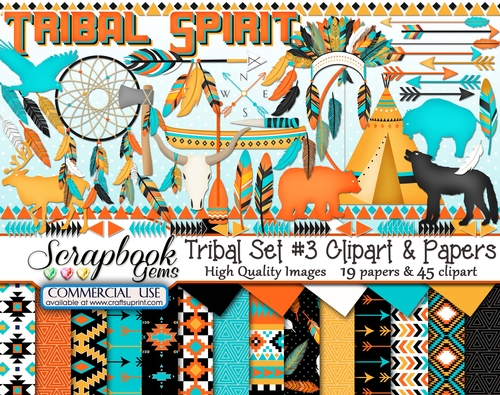 TRIBAL, Set #3 CLIPART & PAPERS KIT - 45 Clipart & 19 Papers