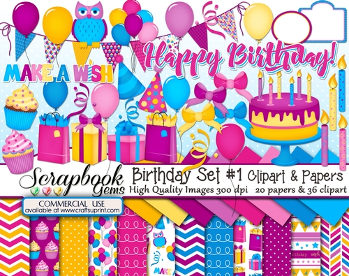 BIRTHDAY Set #1 CLIPART & PAPERS KIT - 36 Clipart & 20 Papers