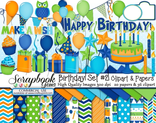 BIRTHDAY Set #2 CLIPART & PAPERS KIT - 36 Clipart & 20 Papers
