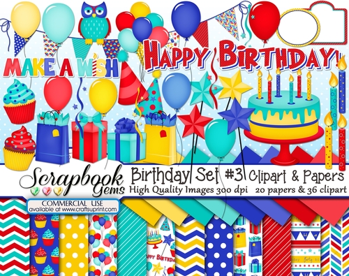 BIRTHDAY Set #3 CLIPART & PAPERS KIT - 36 Clipart & 20 Papers