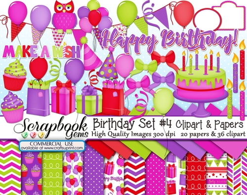 BIRTHDAY Set #4 CLIPART & PAPERS KIT - 36 Clipart & 20 Papers