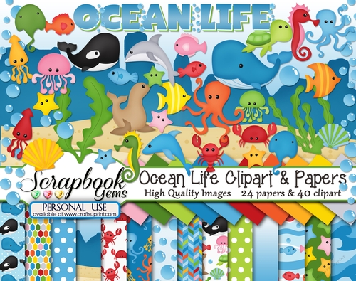 OCEAN LIFE CLIPART & PAPERS KIT - 40 Clipart & 24 Papers