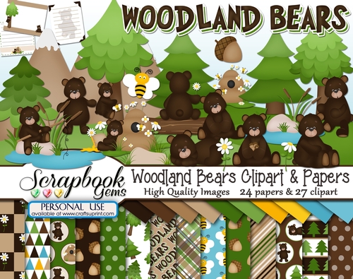 WOODLAND BEARS CLIPART & PAPERS KIT - 27 Clipart & 24 Papers